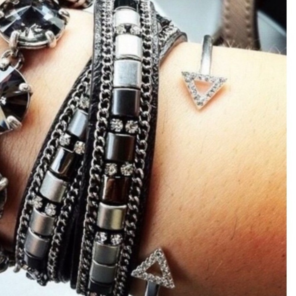 Stella & Dot Cady Wrap Bracelet Black Silver Gunmetal Leather Studded Edgy Biker